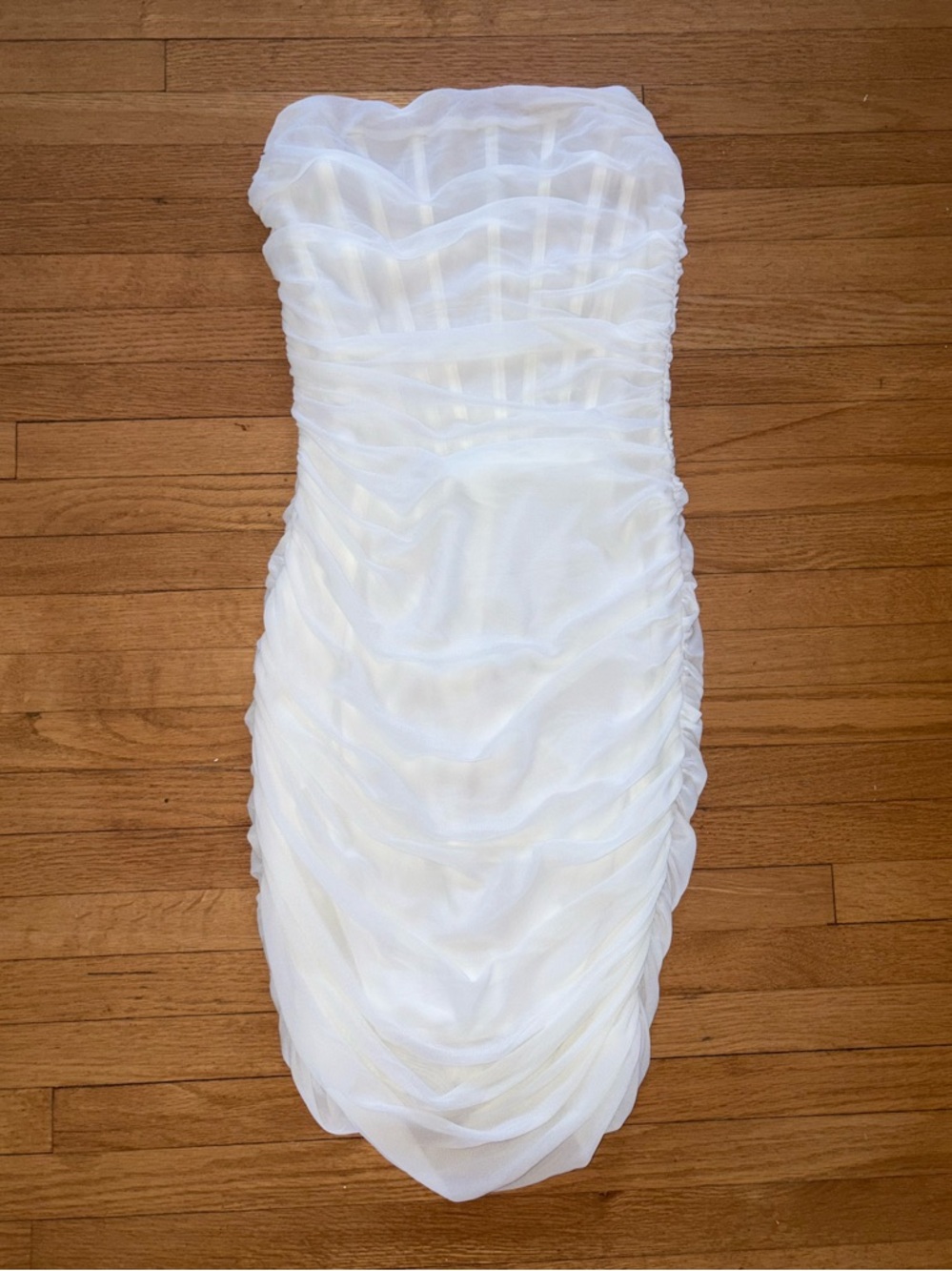 White Ruched Strapless Mini Dress